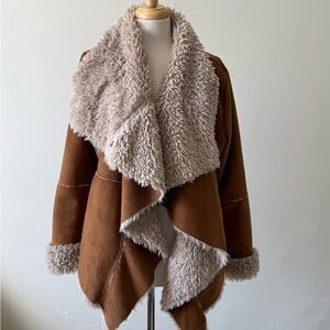 Latte Black Faux Suede Shearling Jacket | Waterfall Collar | Cozy Coat | L